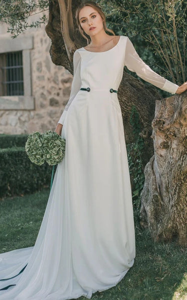Simple Empire Illusion Vestido de boda de vaina de gasa de manga larga con tren de barrido y espalda