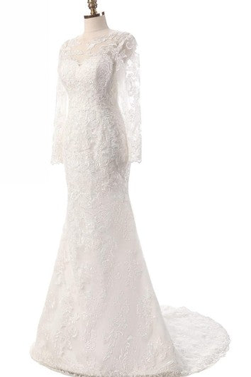 Robe sirène à manches longues en dentelle avec broderies illusion