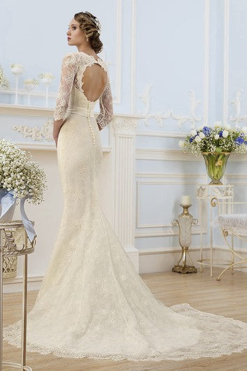 Vestida Long Square Illusion-Sleeving Lace Lace Vestido con cinta