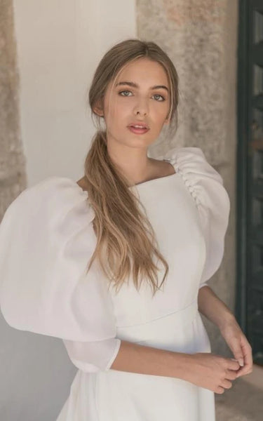 Puff-sleeve Bateau-neck Chiffon Sheath Sheer Wedding Dress with Sweep Train