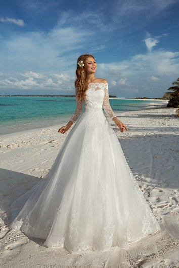 A-Linie, langes, schulterfreies Organza-Kleid mit T-Shirt-Ärmeln, Schnürung und Applikationen