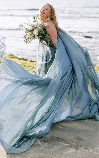 Vestido de dama de honor de boda de spaghetti de chifón azul casual de chifón playa