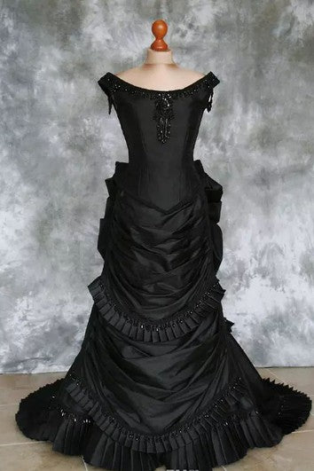 Tafeta A-Line Bateau Manga corta Vestido de boda de tren de barrido hasta el suelo con volantes Ruchecing y niveles