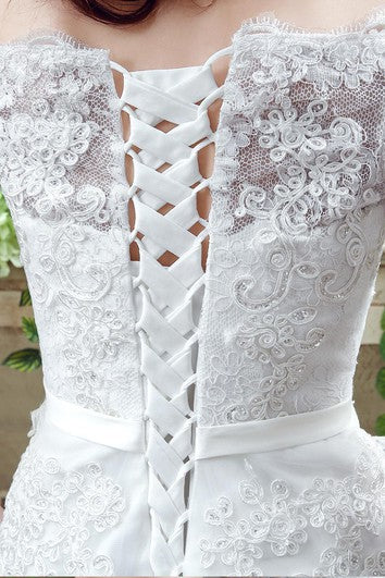 Elegantes aplicaciones de encaje fuera del hombro Vestido de novia Bownot Lace-up