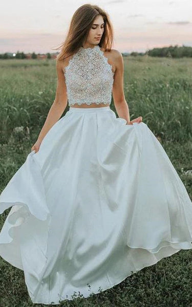 Sexy Vestido de novia casual de dos piezas con cuello de joya sin mangas
