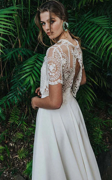 Vestido de boda de gasa de té de manga corta de dos piezas con encaje con encaje
