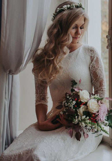 Robe de mariée en mousseline de soie, jersey, satin, ruban, dentelle