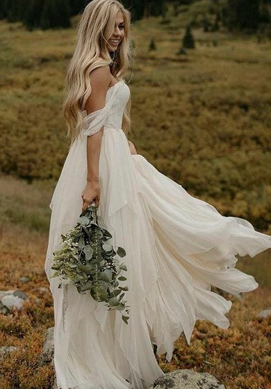Off-the-shoulder Sweetheart Ethereal Chiffon Floor Length Wedding Dres – Ms. Grace Off-the-shoulder Sweetheart Ethereal Chiffon Floor Length Wedding Dres – Ms. Grace