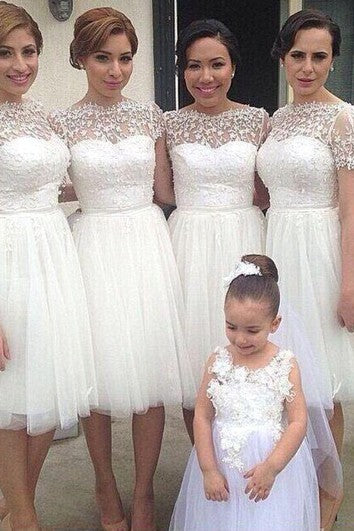 Vestido de dama de honor de encaje de tul blanco romántico manga corta