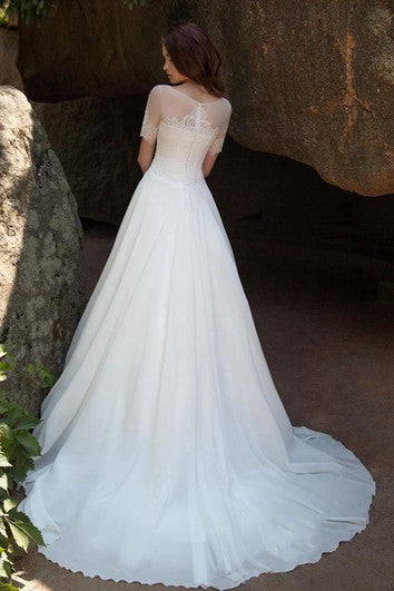 Vestido de pelota Long Bateau Vestido de gasa de relego corto con encaje con encaje