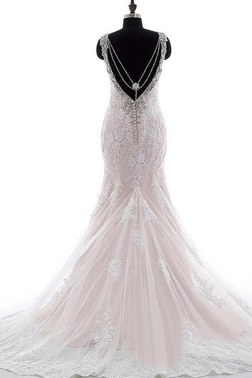 Robe sirène à bretelles mini, col en V, cloche, perles, appliques, traîne, dos nu, bretelles, dentelle