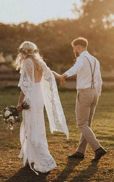 Boho Long Poet manga encaje delantero con la cubierta dividida espagueti de espagueti vestido de novia