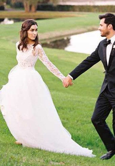 Dos piezas de manga larga encaje bohemio modesto vestido de novia