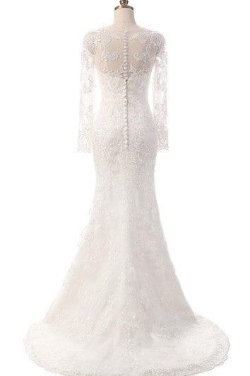 Robe sirène à manches longues en dentelle avec broderies illusion