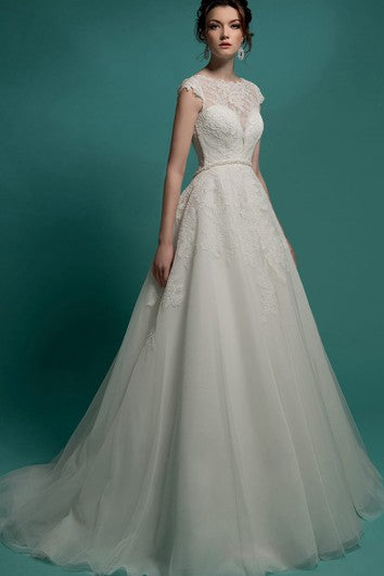 Robe trapèze en organza illusion à manches courtes et col bijou, longueur au sol, avec appliques et perles