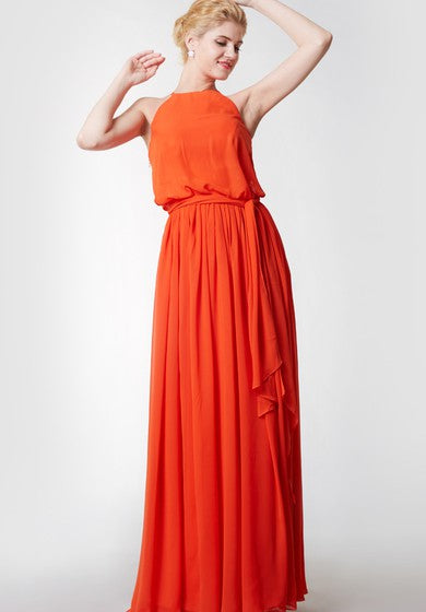 Vestido de gasa con cuello alto plisado con mangas con hoja