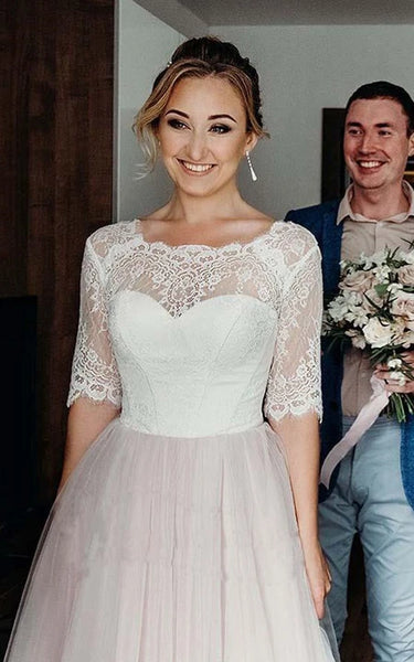 País al aire libre Bateau Bateau-neck media manga imperio a-line tulle corset
