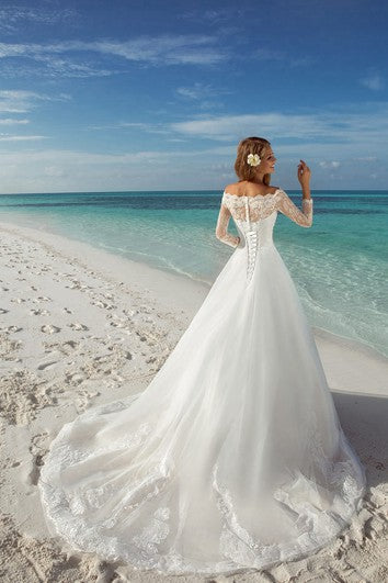 A-Linie, langes, schulterfreies Organza-Kleid mit T-Shirt-Ärmeln, Schnürung und Applikationen