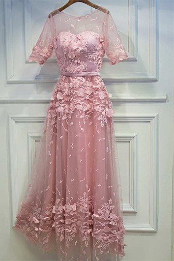 Vestido de encaje A-Line de media manga con faja