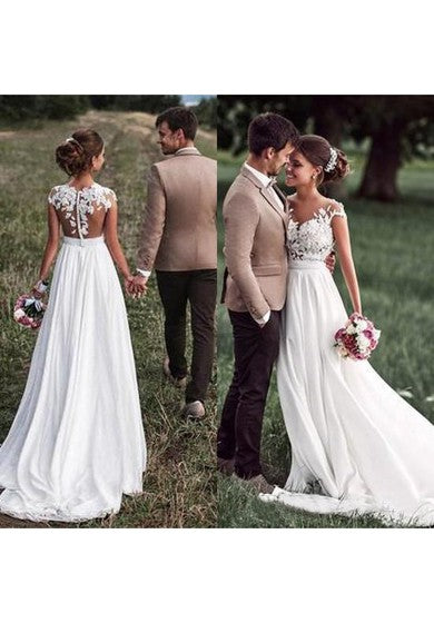 Robe de mariée en mousseline de soie à manches courtes et en dentelle simple et ravissante