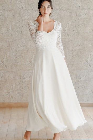Encaje casual Una línea hasta el tobillo de 3/4 manga de longitud queen Anne Vestido de novia