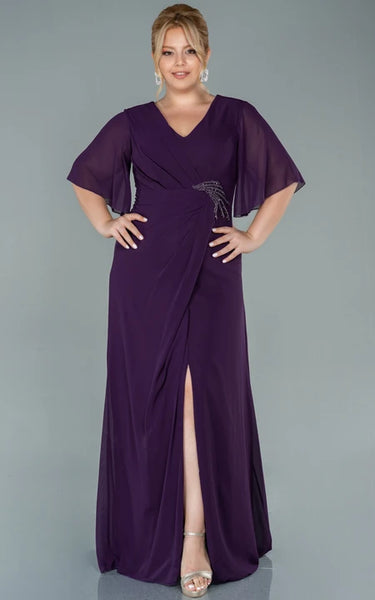 Elegante Media manga en V imperio en V chifón Slit frontal drapeado de talla grande Mother of Bride Vestido