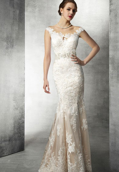 Vestido de novia de encaje de sirena con cintura con cuentas