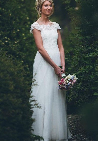 Robe de mariée adorable et éthérée en satin, dentelle, tulle, longueur au sol, ligne A, manches courtes