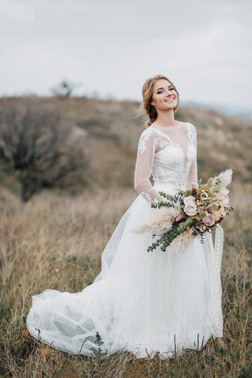 Increíble vestido de novia de tren de dos piezas de dos piezas con botón