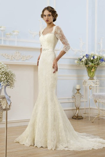 Vestida Long Square Illusion-Sleeving Lace Lace Vestido con cinta