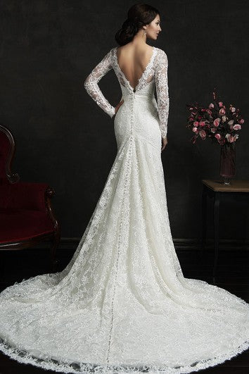 Robe sirène courte à manches longues avec appliques de chauve-souris illusion et traîne illusion en dentelle dos nu