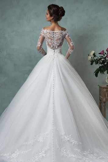 Vestido de pelota A-Line Empire Mini Jewel Vistén por cuello de manga larga Campana de manga larga Apliques de la cancha Train Tul Sin espalda Vestido de encaje de tul