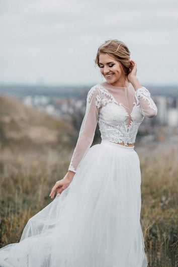 Increíble vestido de novia de tren de dos piezas de dos piezas con botón