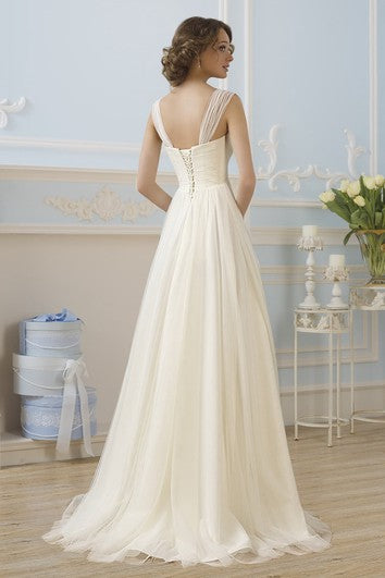 Robe trapèze longue au sol, sans manches, en tulle à lacets, avec applications et plis