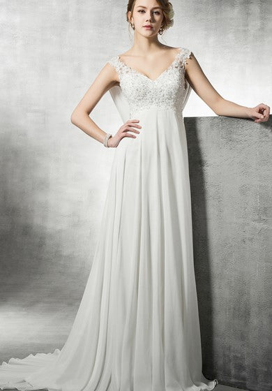 Robe trapèze empire en mousseline et dentelle avec perles et col bénitier au dos