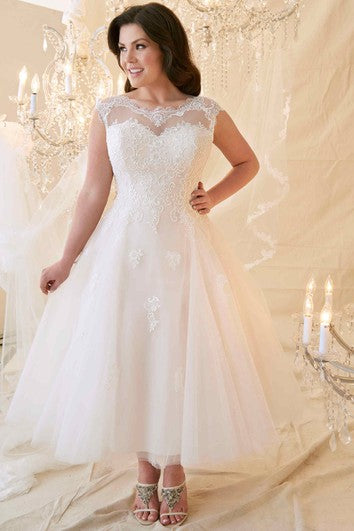 Vestido de boda de encaje de té de té de té a línea A