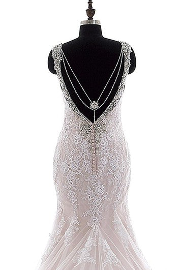 Robe sirène à bretelles mini, col en V, cloche, perles, appliques, traîne, dos nu, bretelles, dentelle