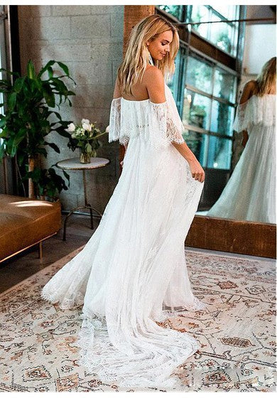 Robe de mariée trapèze en tulle à épaules dénudées et longueur au sol avec manches courtes