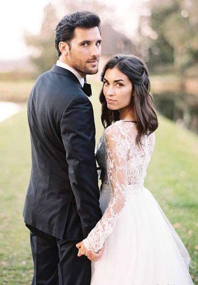 Dos piezas de manga larga encaje bohemio modesto vestido de novia