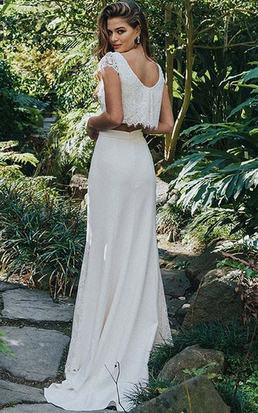 Vestido de novia de encaje de dos piezas informal de dos piezas con baja v espalda