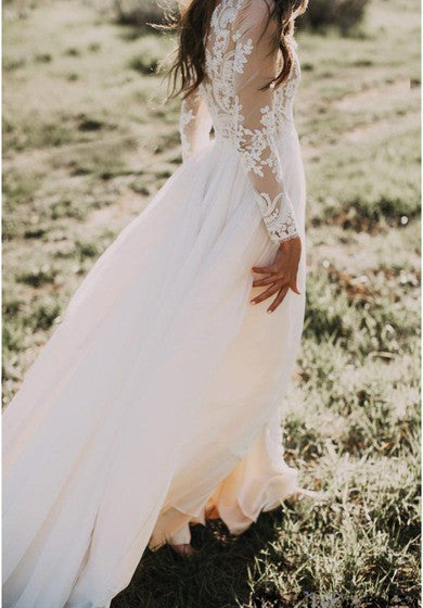 Bohemian/Hippie Country/Rustic Vintage Casual Illusion Back Long Sleeves Lace & Tulle Summer Wedding Dress