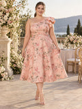 Plus Size Blushing Pink Floral Print One Shoulder Ruffle Dress