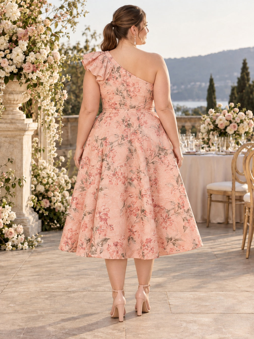 Plus Size Blushing Pink Floral Print One Shoulder Ruffle Dress