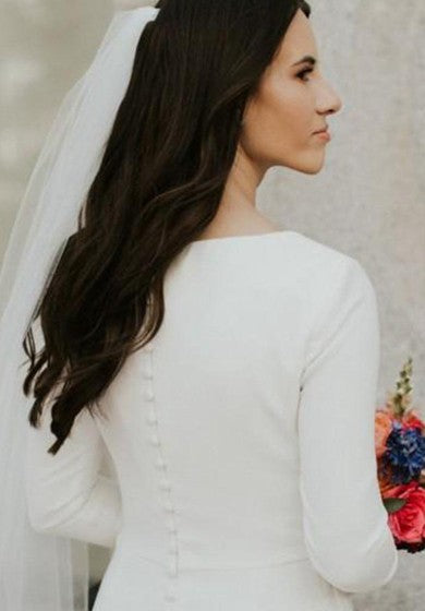 Modest&Simple Satin Long Sleeve Modern Mermaid Conservative Wedding Dress with Chapel Train