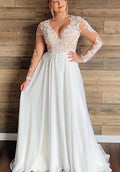 Plus Size Sexy Deep-V-Neck Long Sleeve Ethereal & Casual Chiffon & Lace Beach Wedding Dress