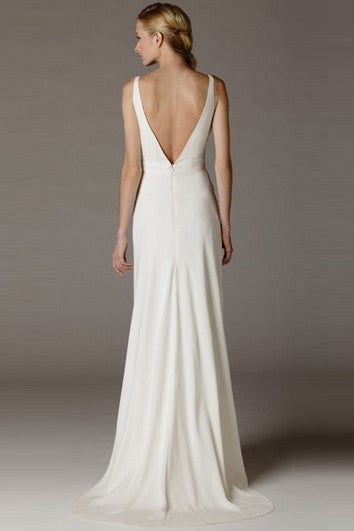 High-Low V-Neck Sleeveless Ruched Chiffon Wedding Dress With Brush Train And V Back