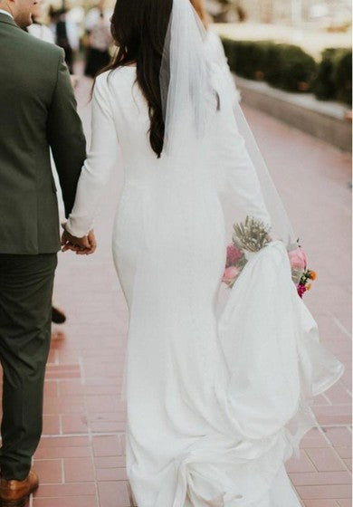 Modest&Simple Satin Long Sleeve Modern Mermaid Conservative Wedding Dress with Chapel Train