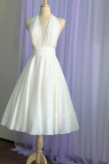 Marilyn Monroe Inspired Halter Tea Length A-Line Chiffon Dress With Pleated Bodice