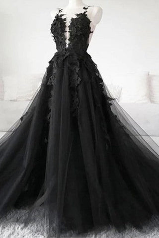 Black Gothic Sexy Sleeveless Spaghetti Backless Plus Size Formal/Prom/Wedding Tulle Dress with Lace Appliques