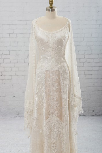 Scoop Neckline Sleeveless Lace and Tulle Sheath Wedding Dress with Lace Cape